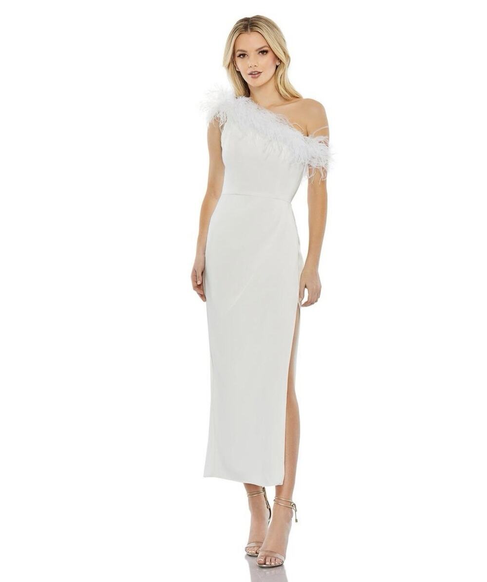 Mac Duggal White Feather Trim One Shoulder Draped Dress A68147 Size 6 NWT